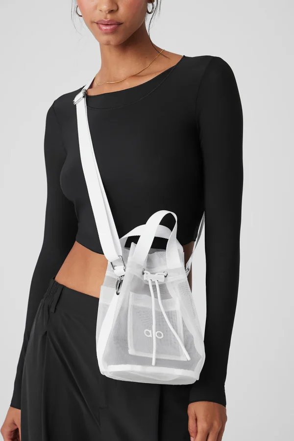 Sheer Cross Body Bucket Bag - White