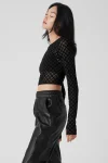 Mesh Plaid Cropped Long Sleeve Top - Black