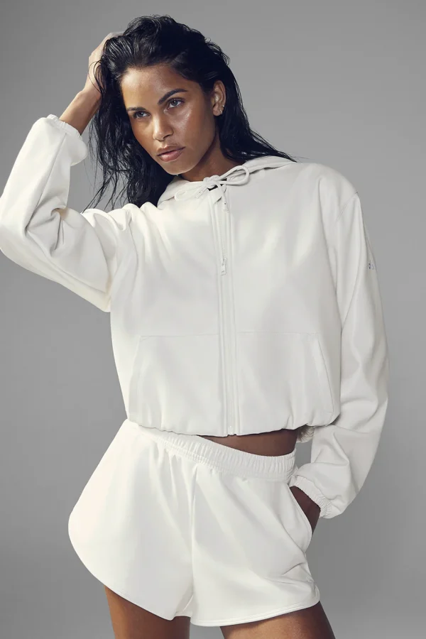 Faux Leather Power Hour Full Zip Cropped Jacket - Ivory