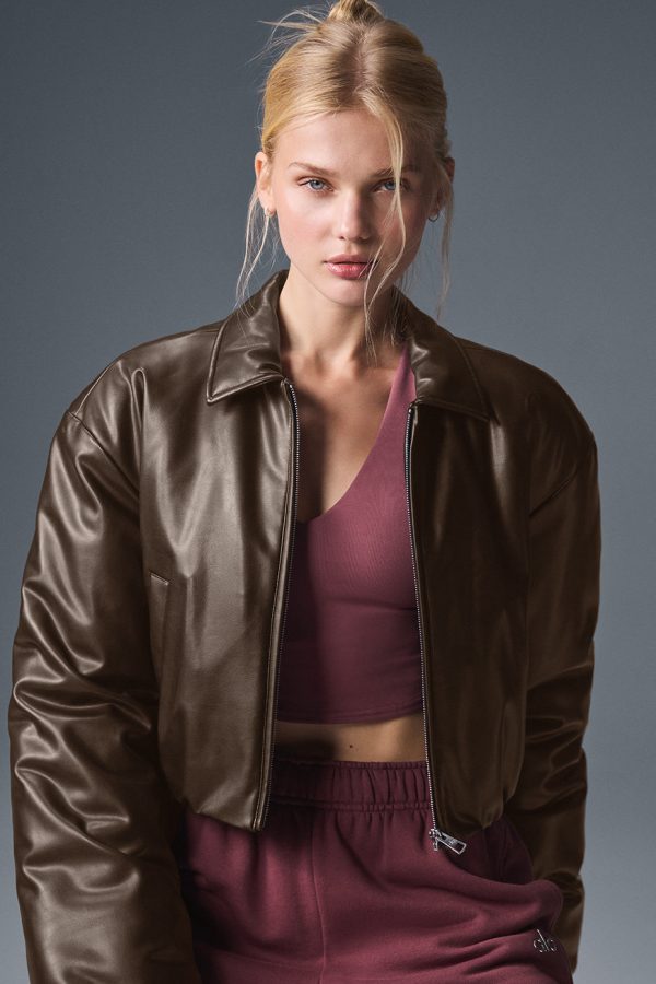 Faux Leather Cropped Premier Bomber – Espresso