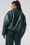 Faux Leather Premier Bomber ?C Charcoal Green