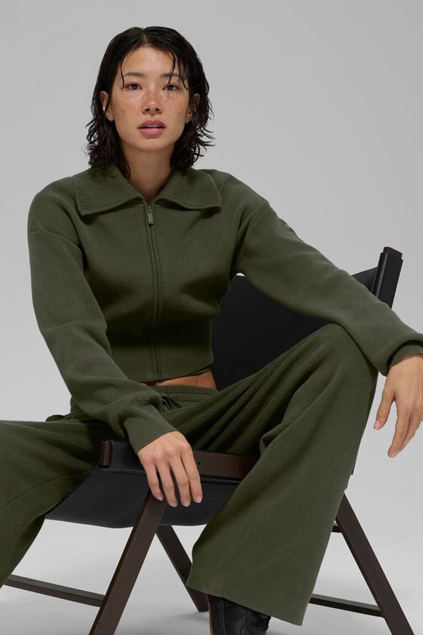 Scholar Knit Cropped Full Zip Jacket ?C Green Olive