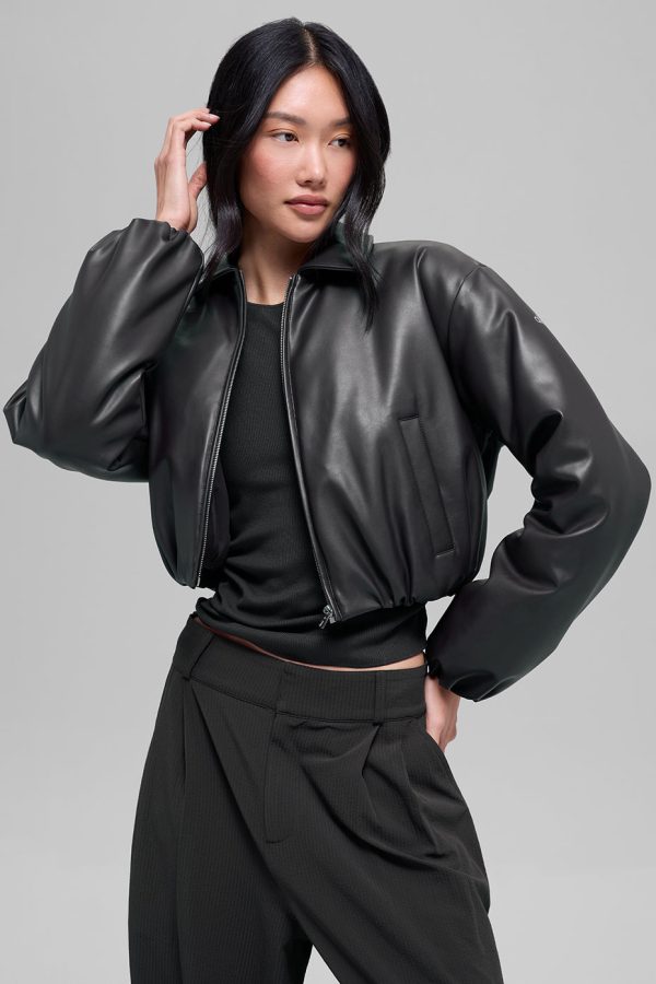 Faux Leather Cropped Premier Bomber ?C Black