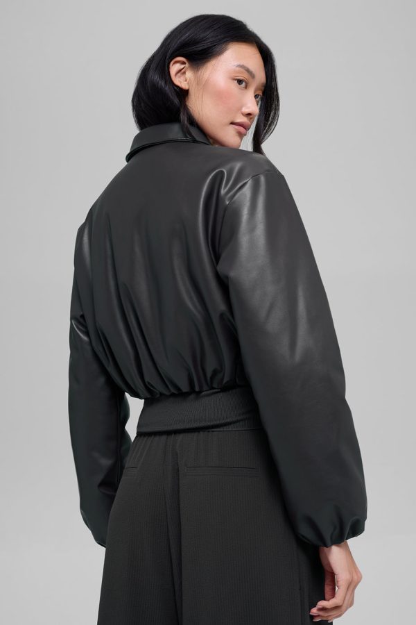 Faux Leather Cropped Premier Bomber ?C Black